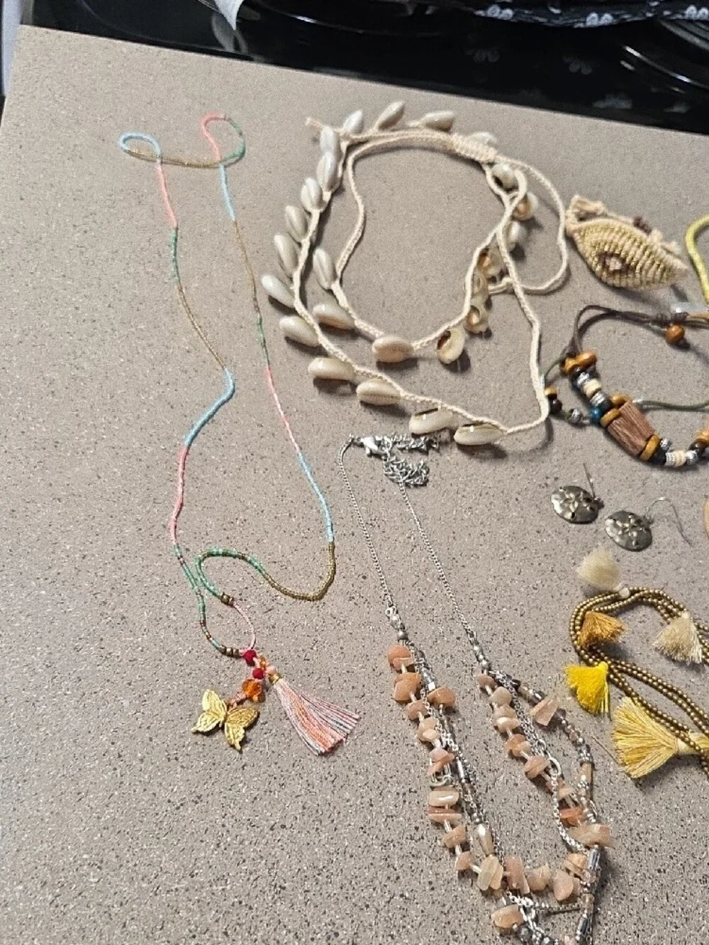 Boho Tassel & Shell Necklace Set - Yellow, Cream, Beige 10 Items In Package